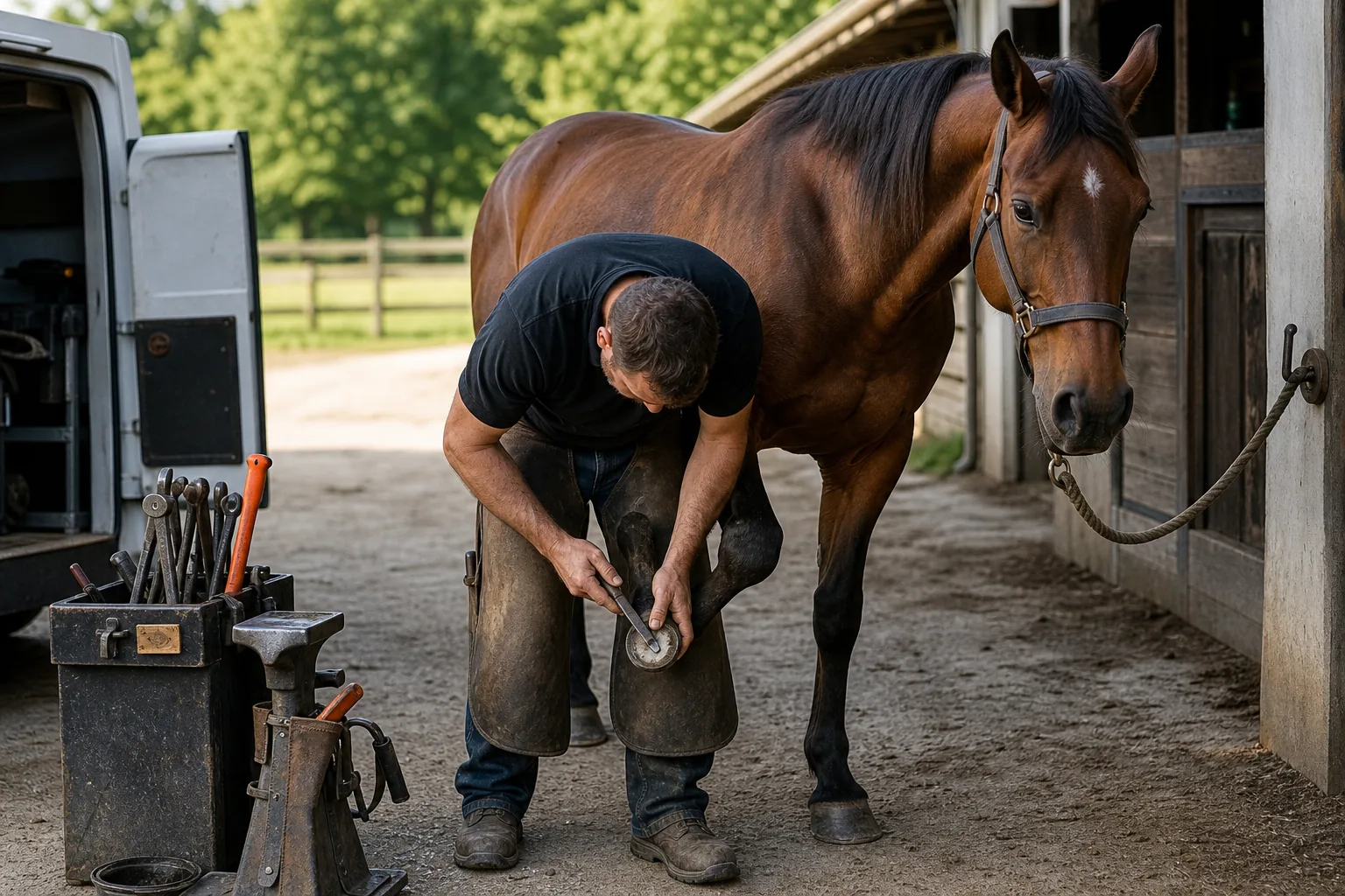 Farrier trimming a horse hoof during a routine visit