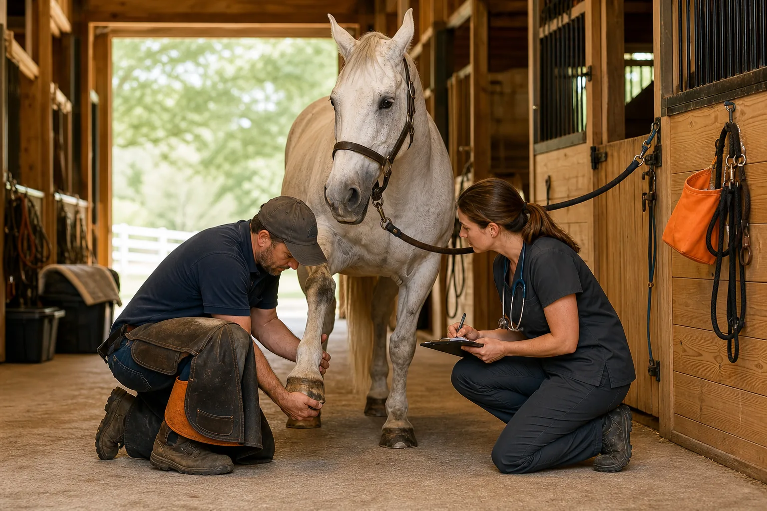 Farrier and veterinarian checking a horse with hoof problems