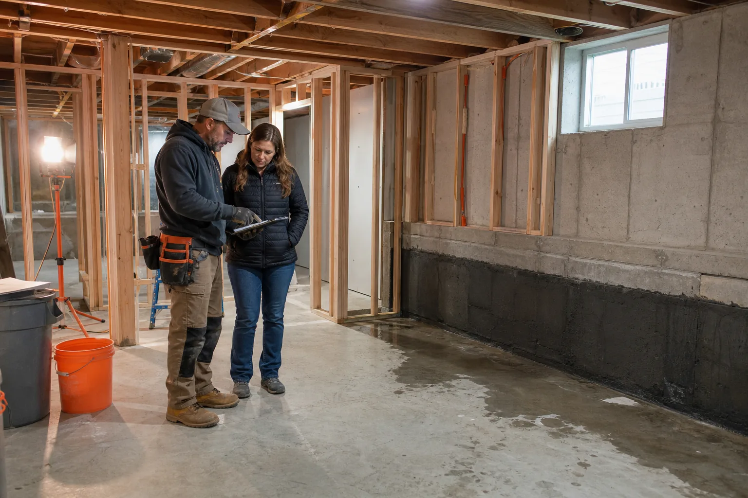 Basement moisture inspection before finishing walls and flooring