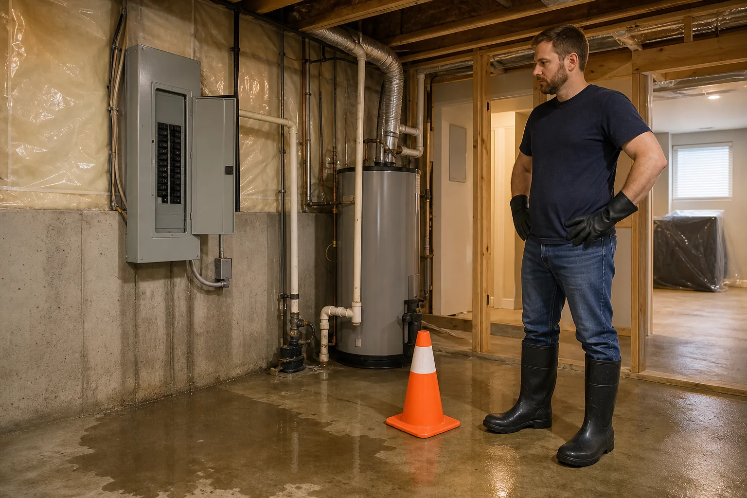 Safe basement water damage inspection before mold prevention.