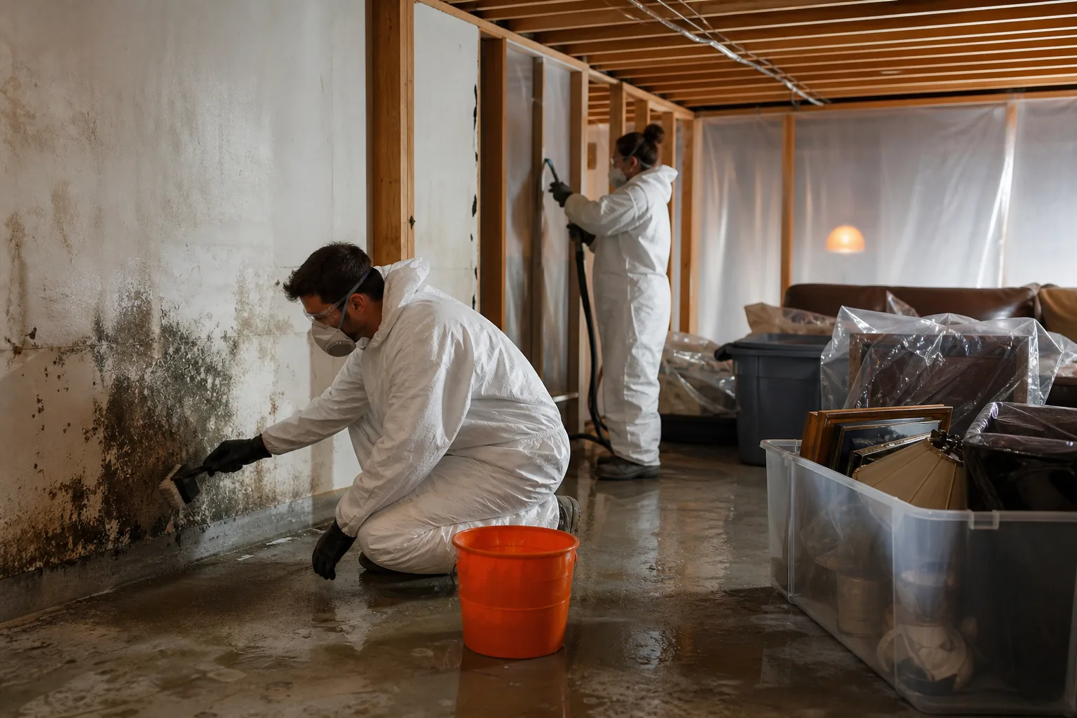 Professional basement mold cleanup and surface cleaning after water damage.
