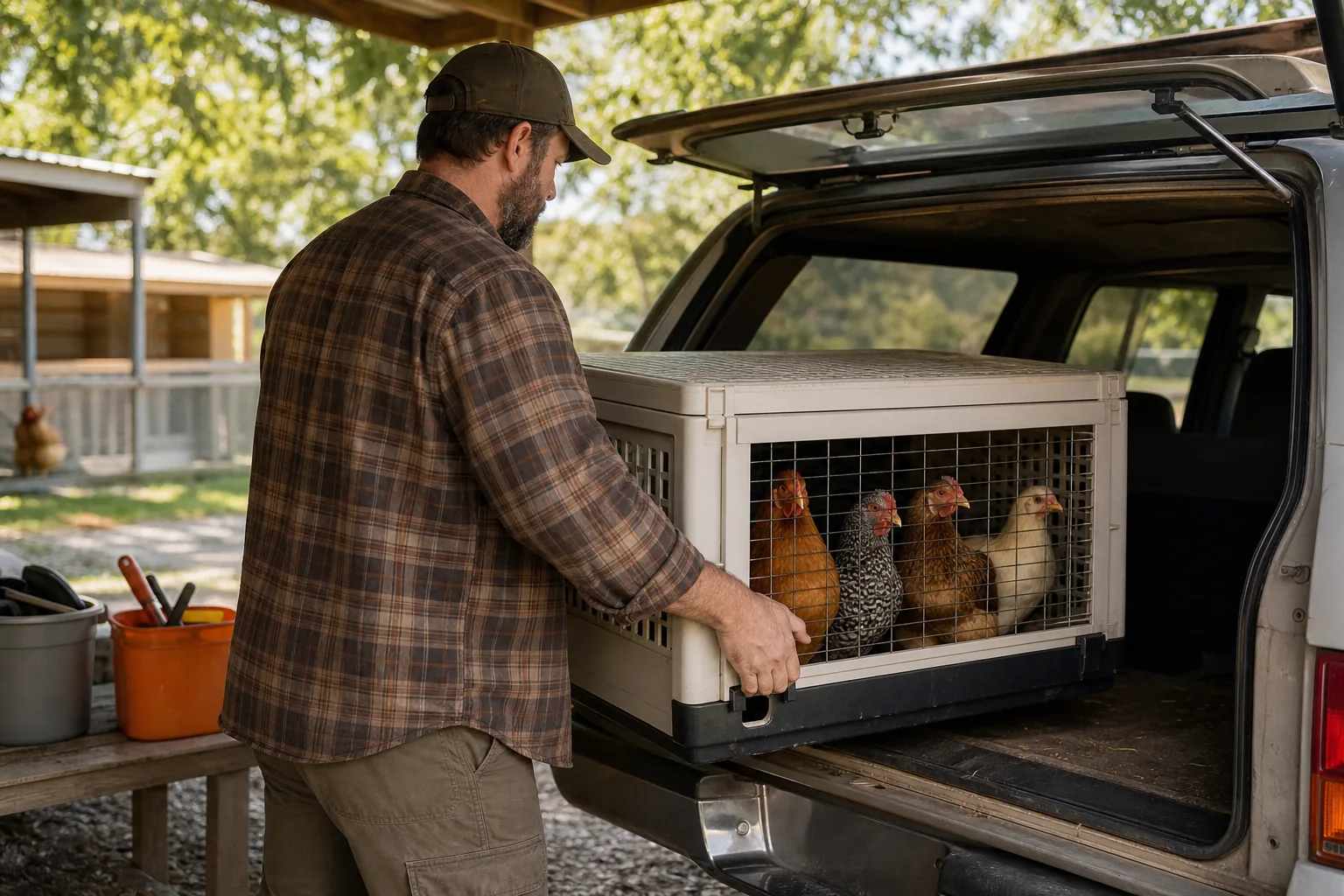 Safely transporting rare breed chickens from a local poultry seller.