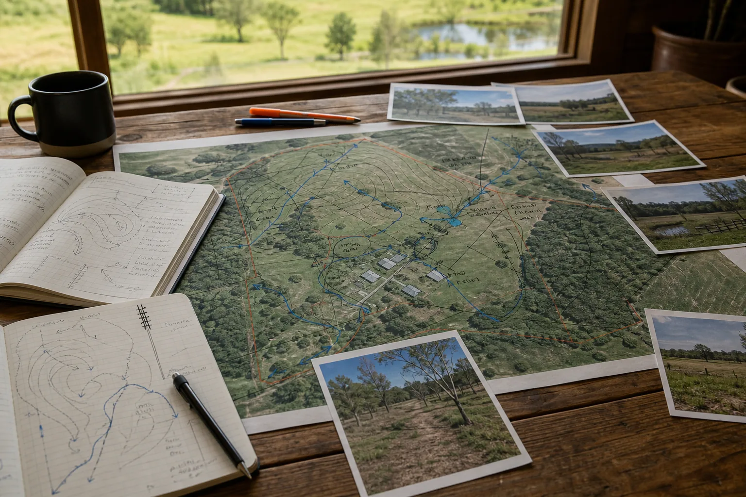 Permaculture site assessment map for a rural homestead.