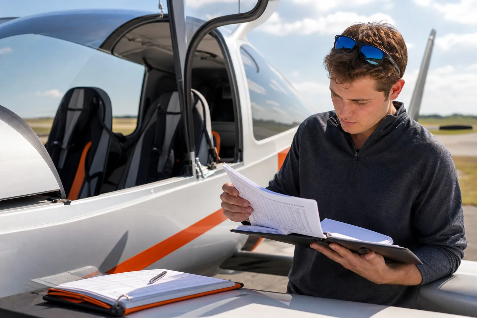 Aspiring pilot reviewing sport pilot license eligibility at an airport
