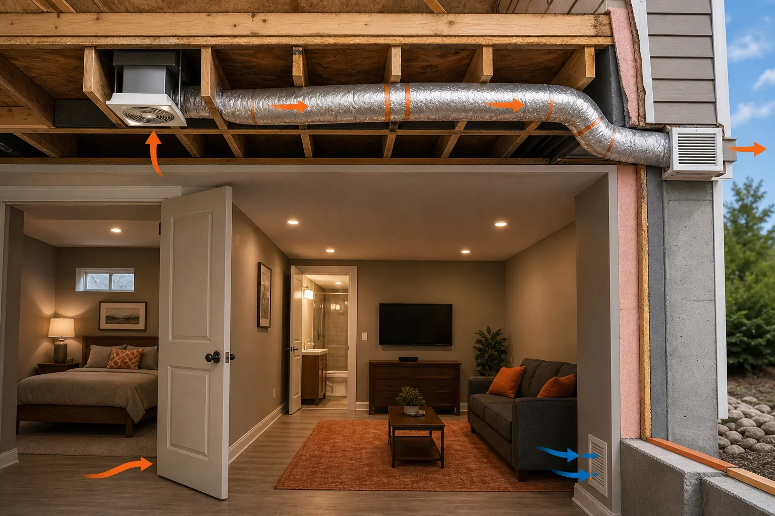 Basement ventilation duct and airflow path for a Utah remodel