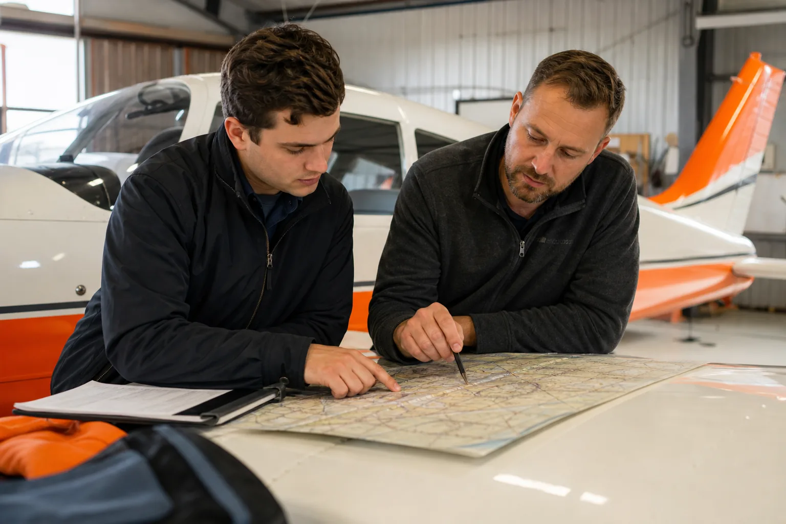 Student pilot reviewing a flight plan with an instructor during airline career training.