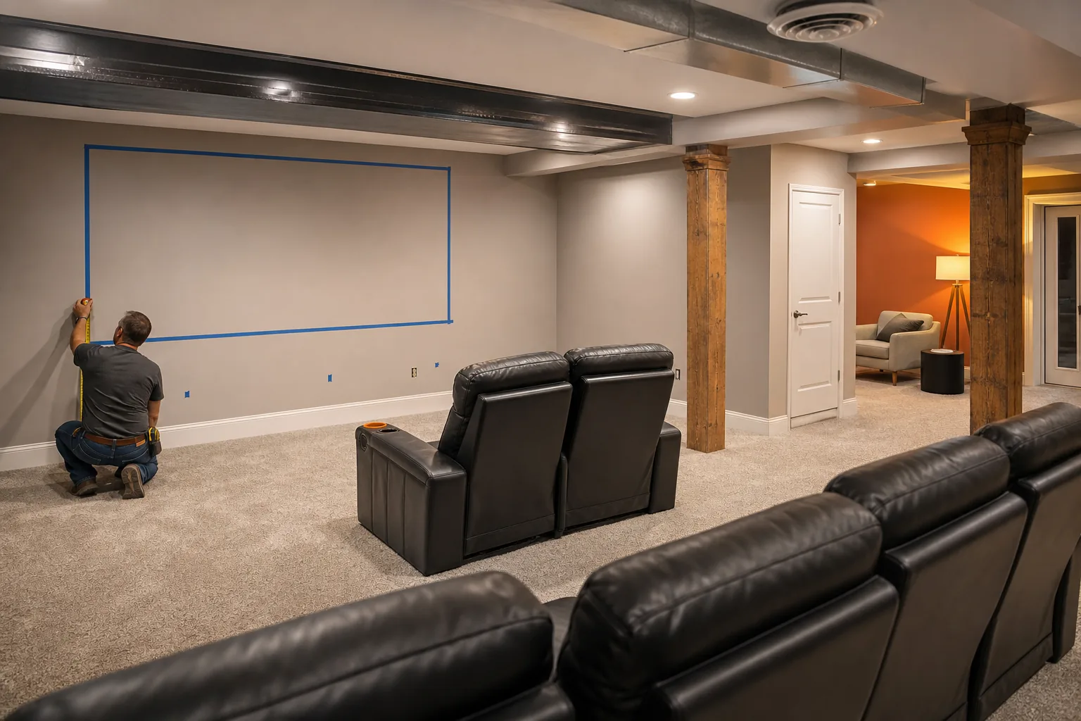 Finished basement home theater layout planning with screen wall and seating measurements.
