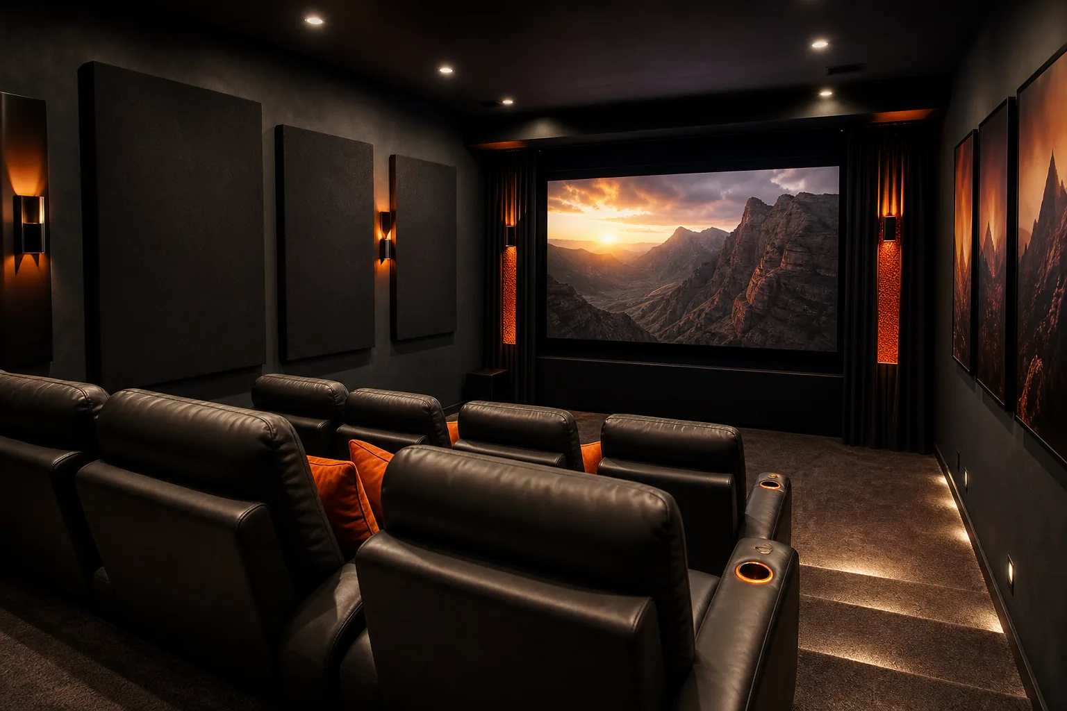 Basement theater soundproofing acoustic panels dimmable lighting and seating.