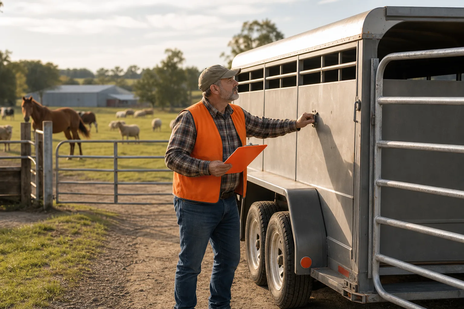 Homesteader checking a portable livestock trailer at a working farm