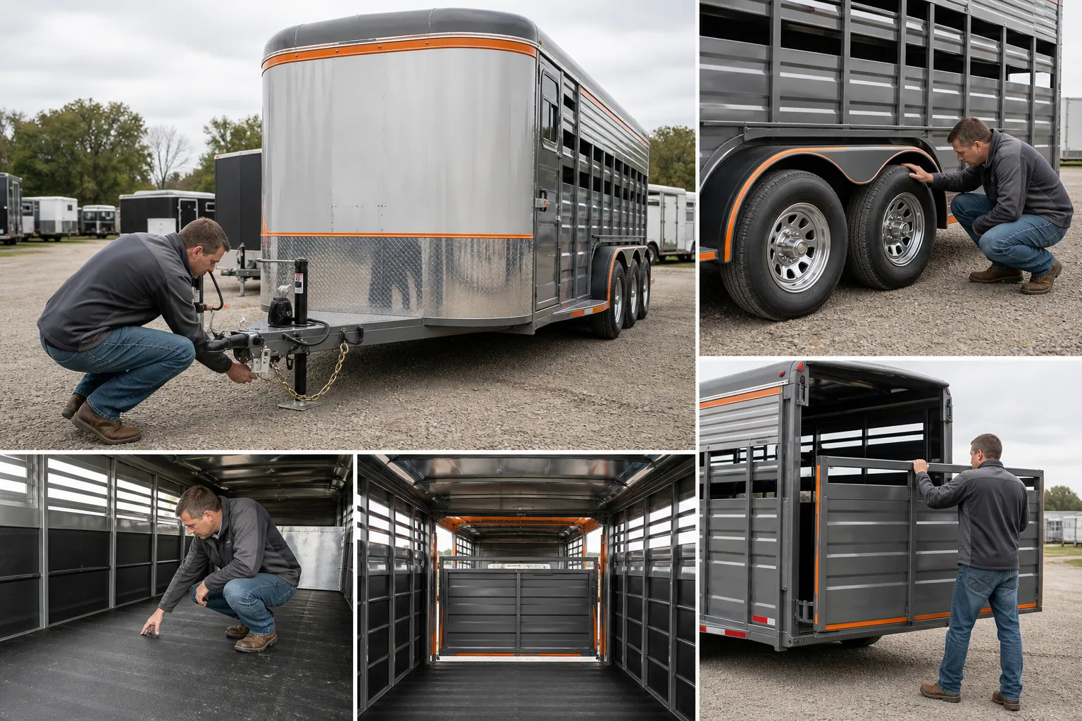 Inspecting a premium horse and livestock trailer before purchase