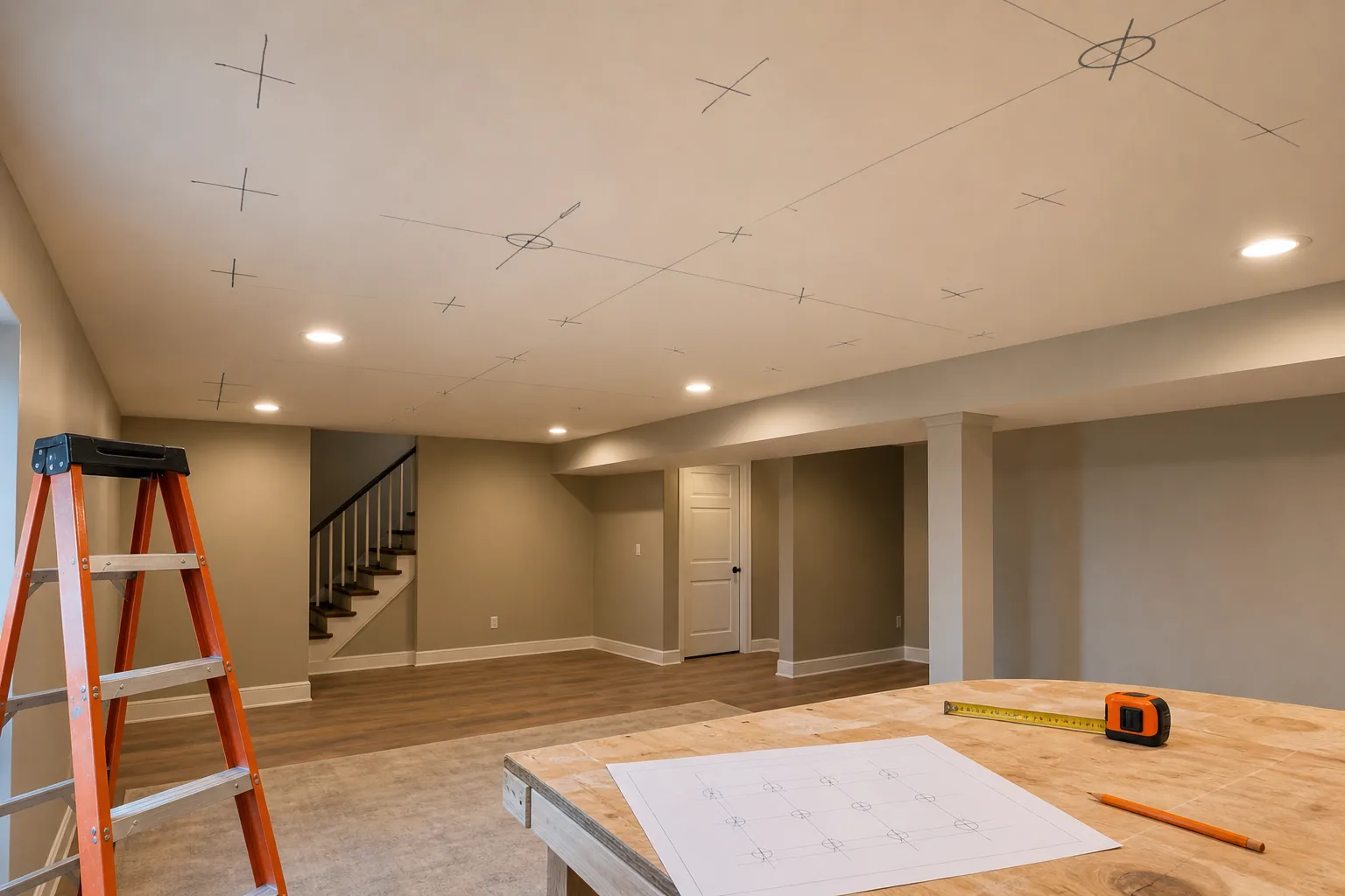 Basement recessed lighting layout marked on a finished ceiling.