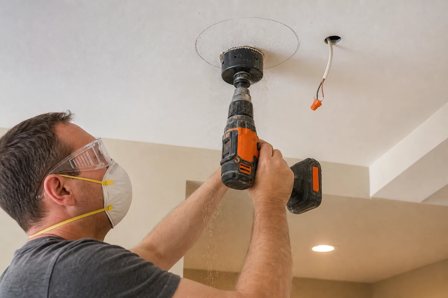 Cutting a finished basement ceiling for a remodel recessed light.
