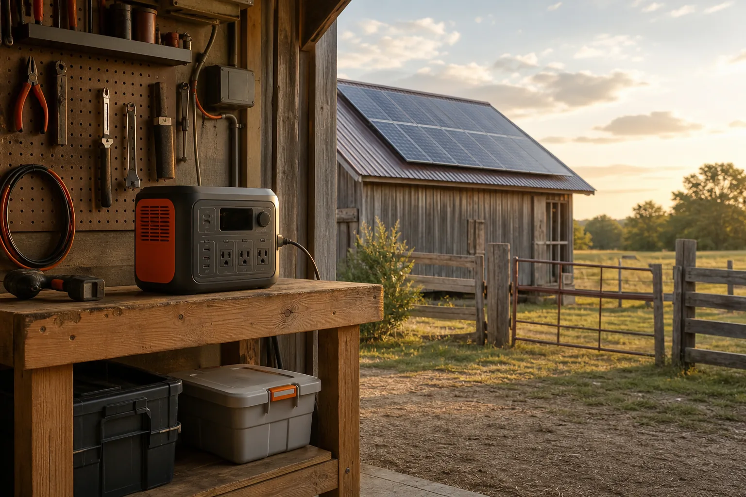 Solar panel kit and backup power setup at a working homestead.