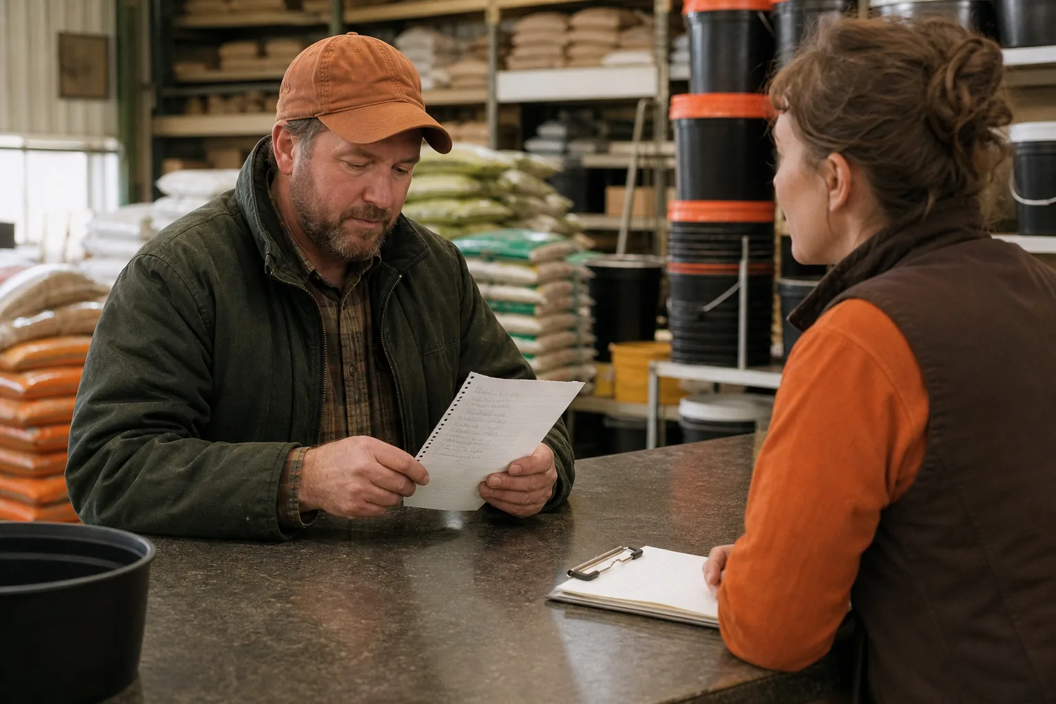 Homesteader verifying livestock feed stock before driving to a local feed store