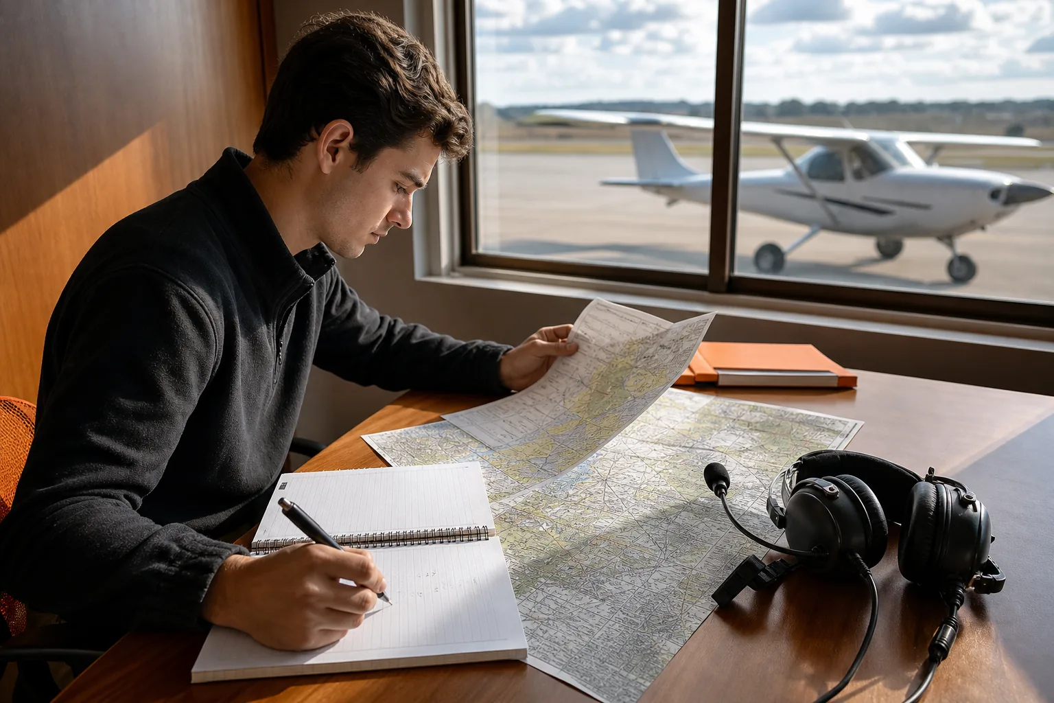 Aspiring pilot preparing for an FAA knowledge test with aviation charts and study notes.