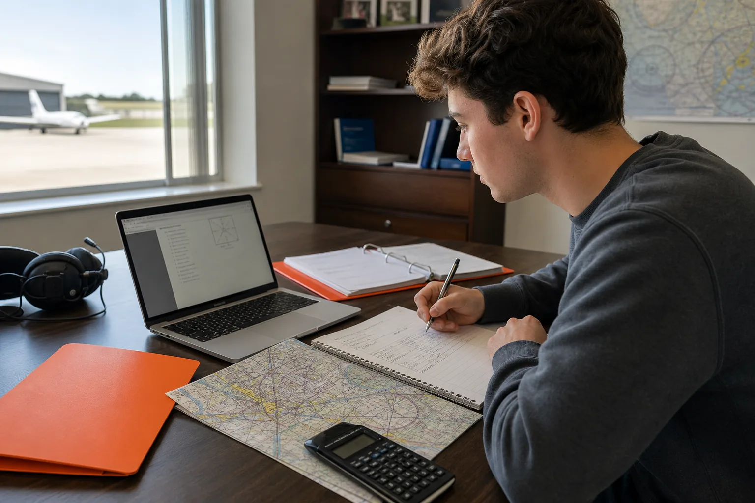 Focused FAA written test prep routine with laptop, sectional chart, and error log.