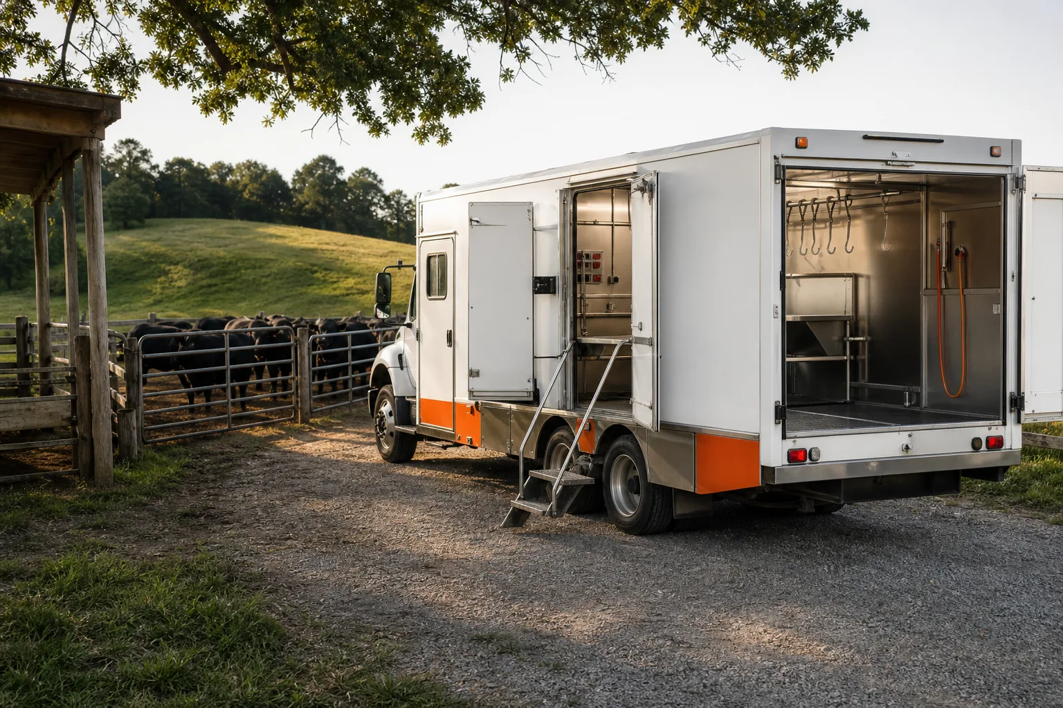 Mobile cattle processor parked on a farm for on-farm beef processing