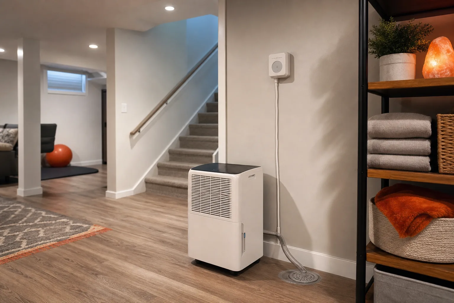 Properly placed dehumidifier with continuous drain in finished basement
