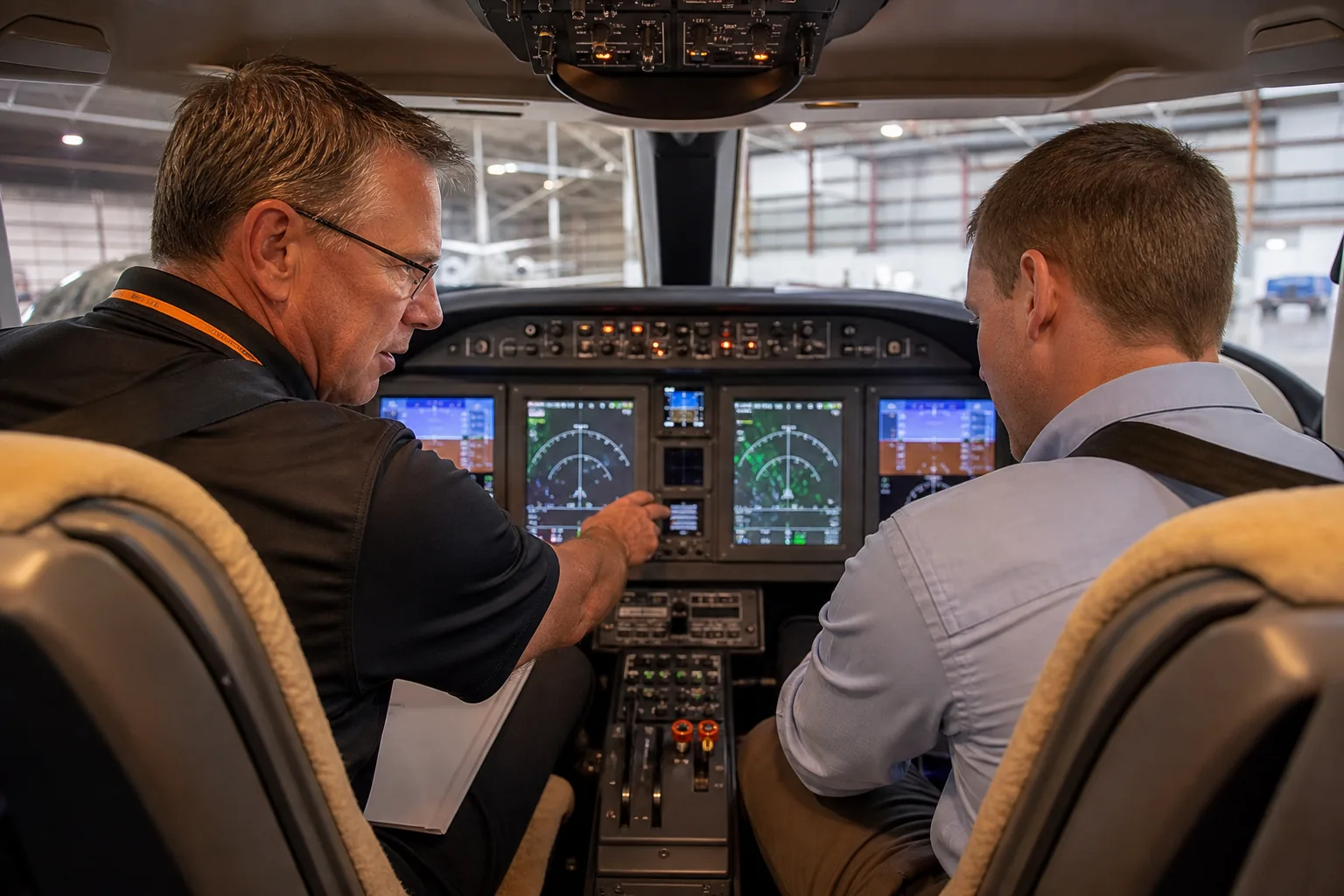 Flight instructor coaching an adult student during airline pilot training.