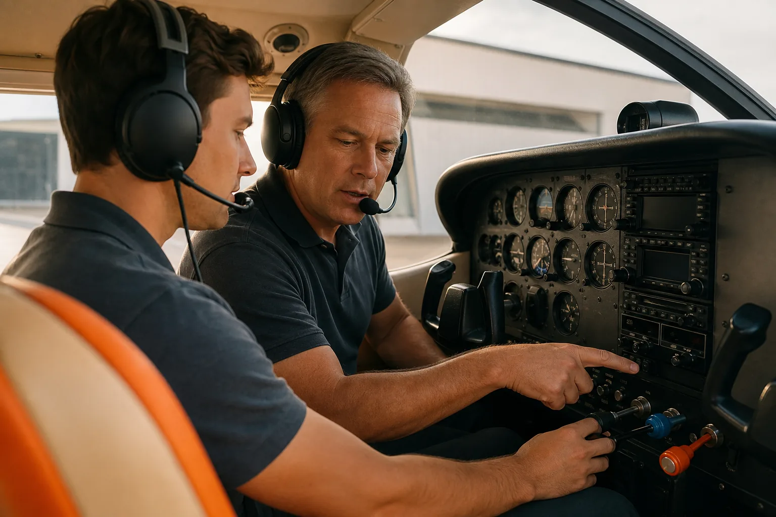 Pilot reviewing complex aircraft systems with a flight instructor