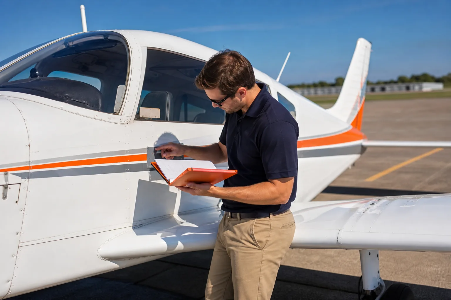 Pilot checking Piper Archer model and aircraft specification documents