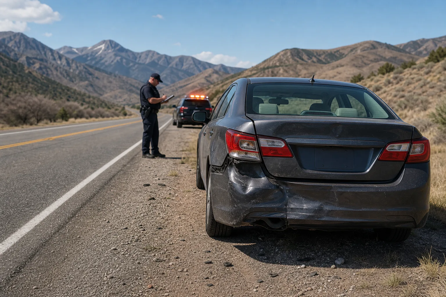 Utah hit-and-run crash scene with damaged vehicle and police report