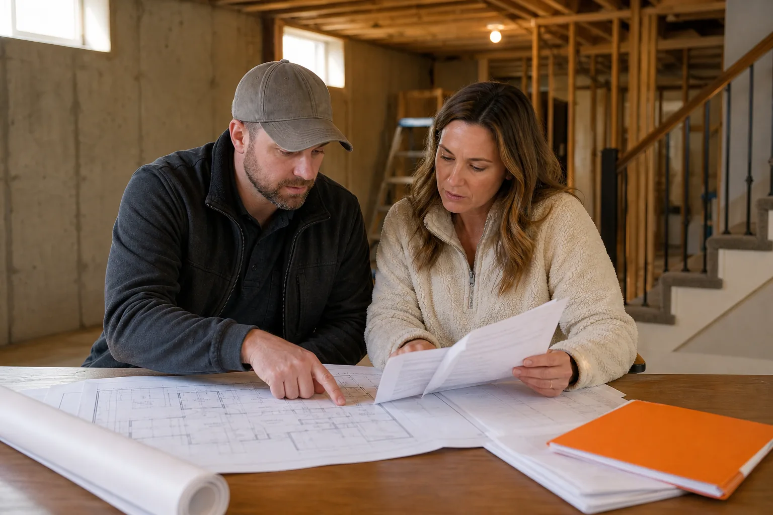 Utah basement finishing permit review with homeowner and contractor