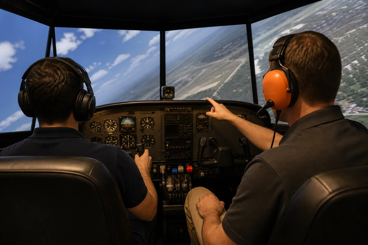Instructor supervising upset recovery practice in a flight simulator