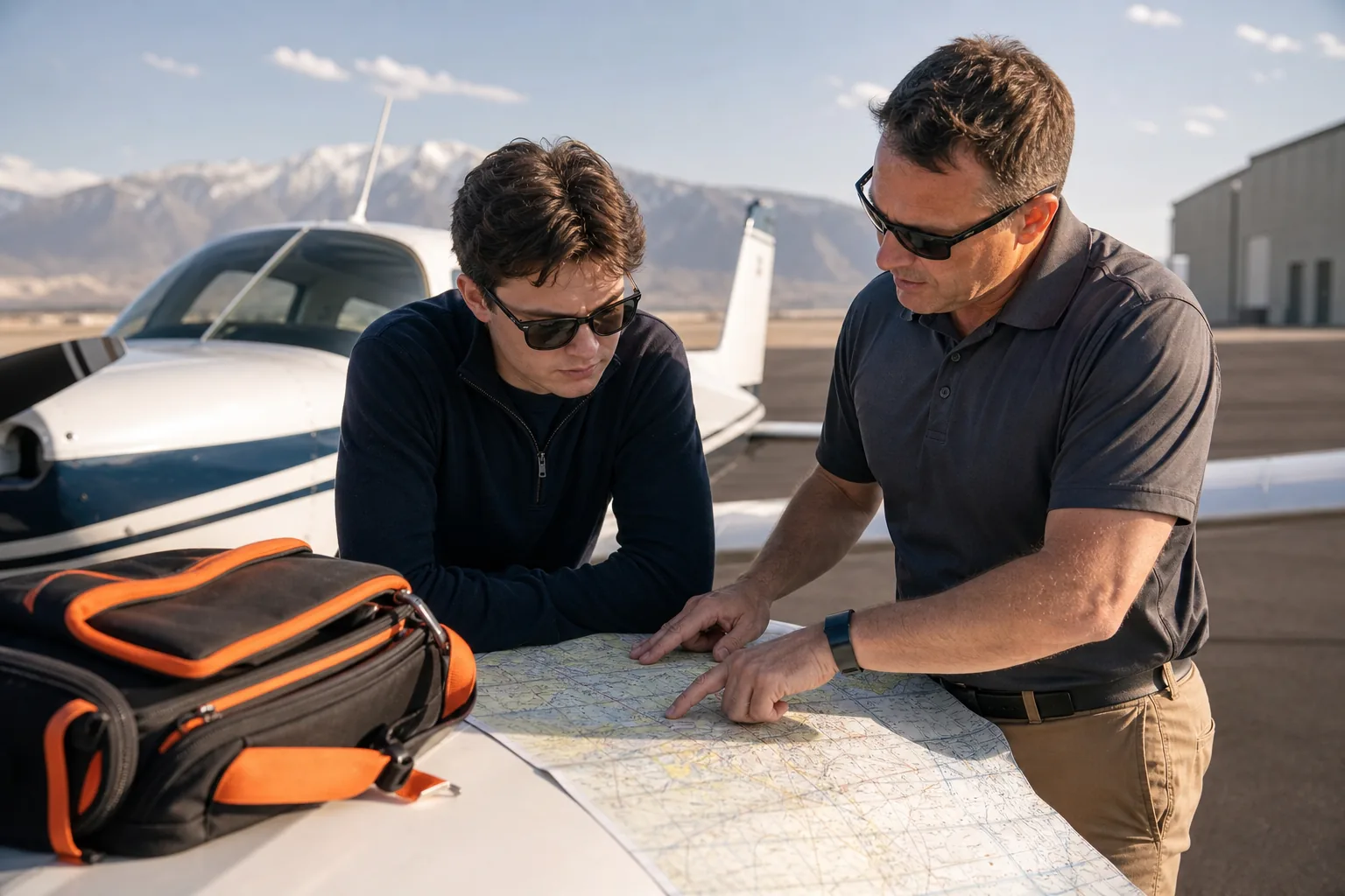 Student pilot comparing part 61 flight training goals with an instructor at a Utah airport.