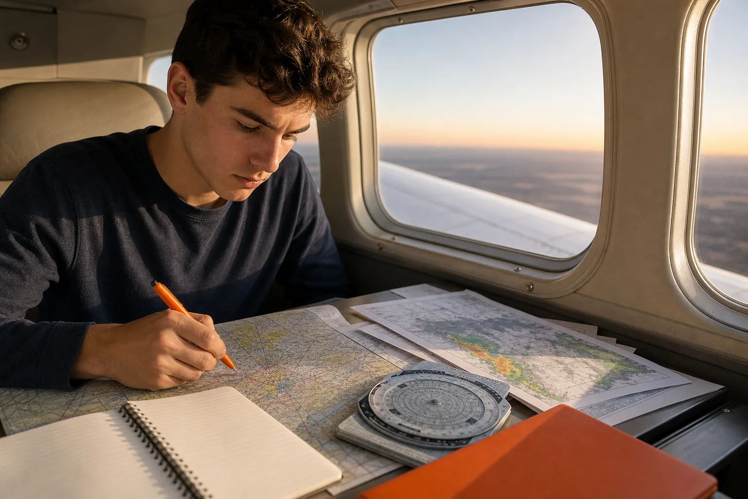 Student preparing a private pilot written exam study plan with aviation charts