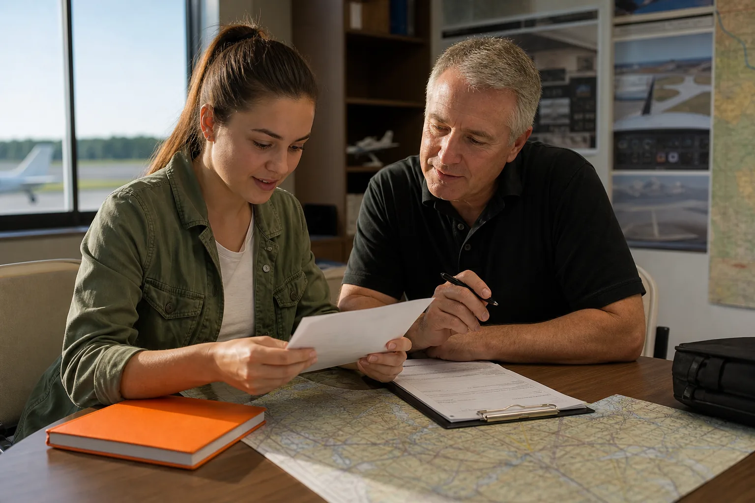 Flight instructor helping a student prepare for the private pilot checkride