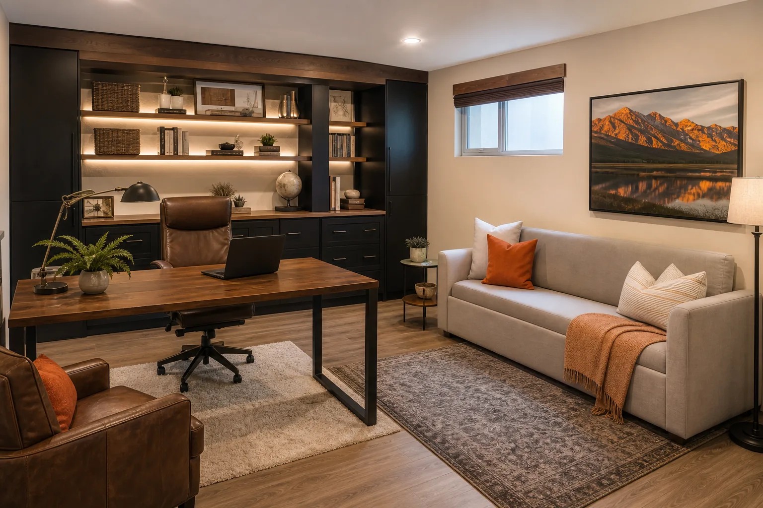 Finished basement home office with storage and warm Utah design