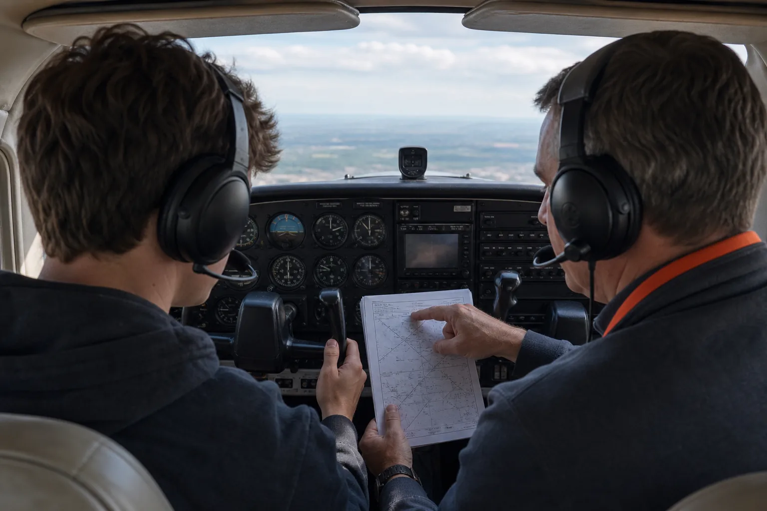 Pilot and flight instructor completing instrument rating training in a cockpit.