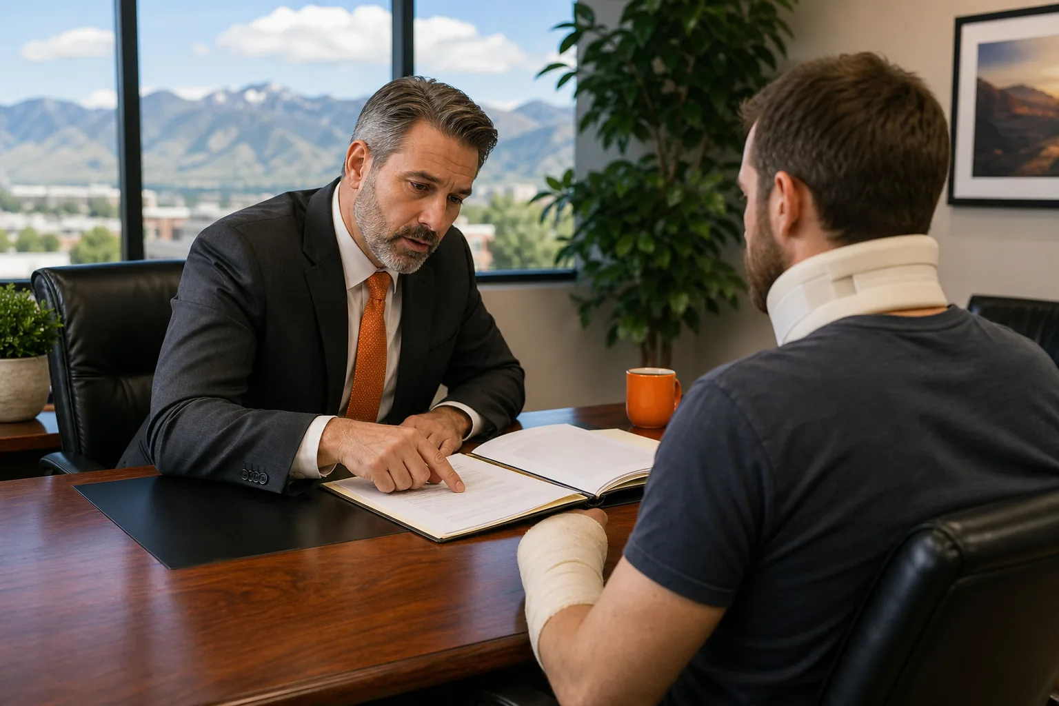 Utah personal injury attorney meeting with an accident victim about settlement negotiations.