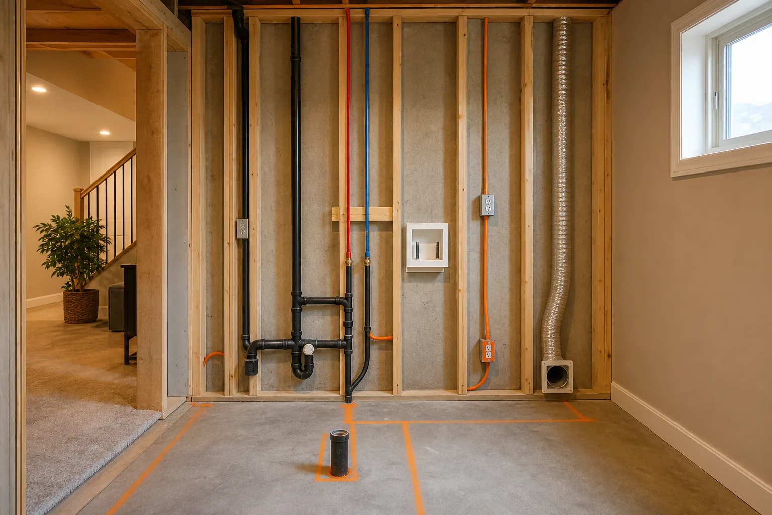 Basement laundry room plumbing electrical and dryer vent planning in Utah