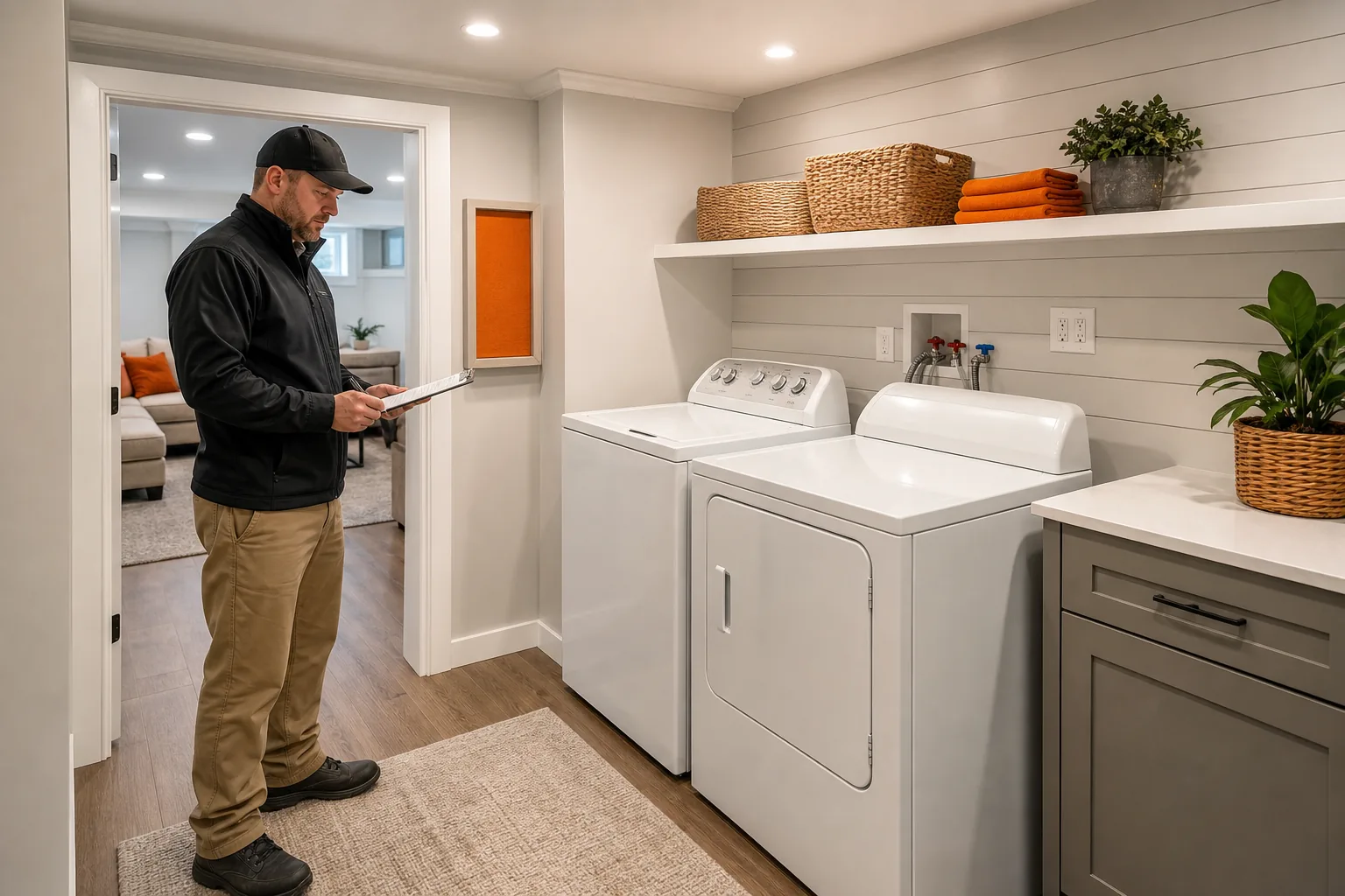 Finished basement laundry room inspection and contractor review in Northern Utah