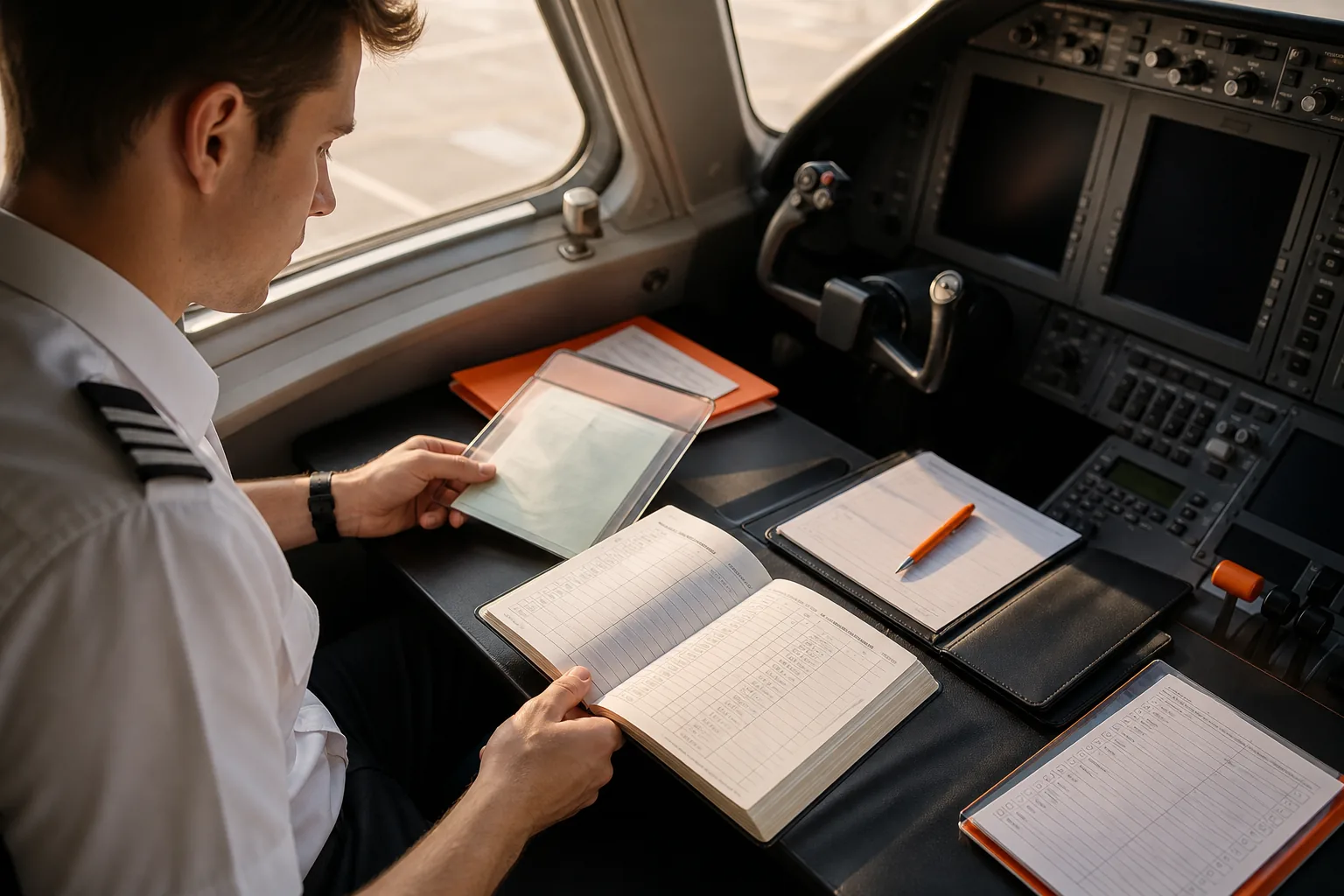 Pilot reviewing instrument rating eligibility documents and flight logbook