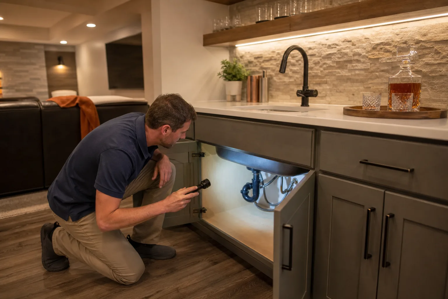 Finished Utah basement wet bar inspection and leak test