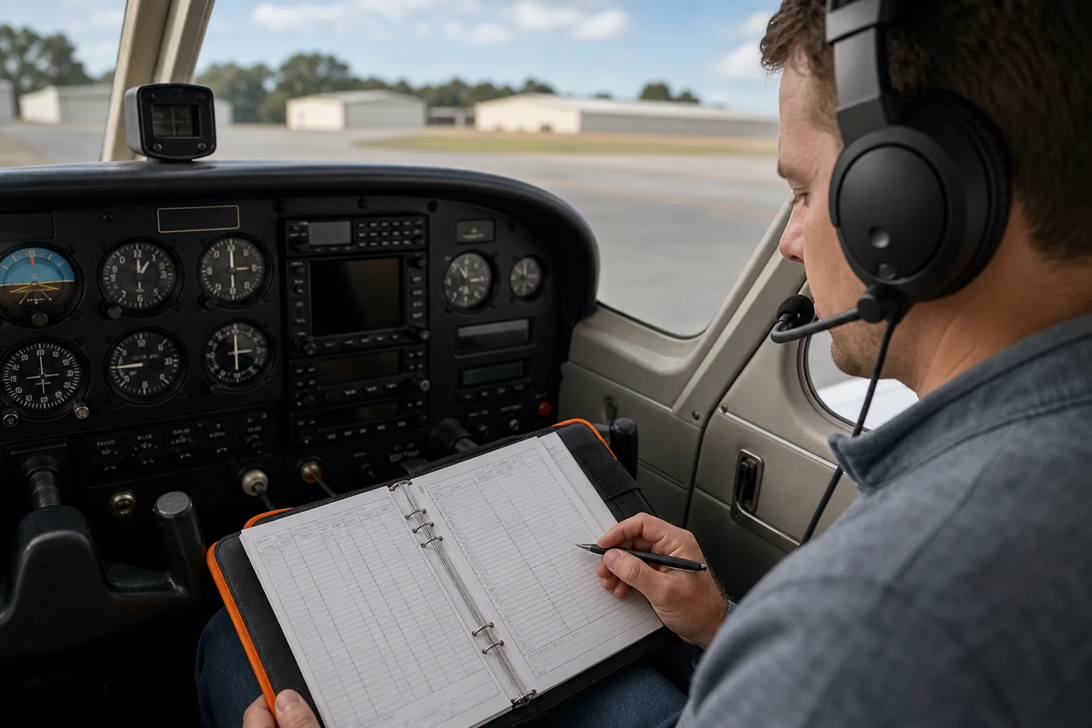 Pilot reviewing IFR flight hours and logbook records in an aircraft cockpit.