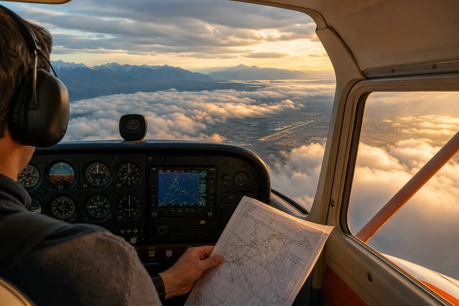 IFR cross-country flight with instrument approach planning above the clouds.