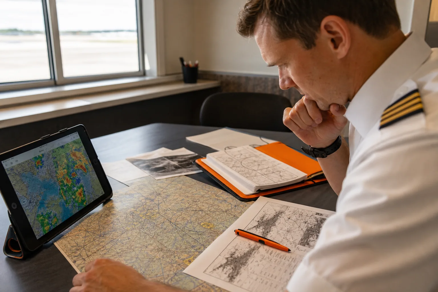 Pilot reviewing METARs, TAFs, radar, and aviation weather reports before a flight.