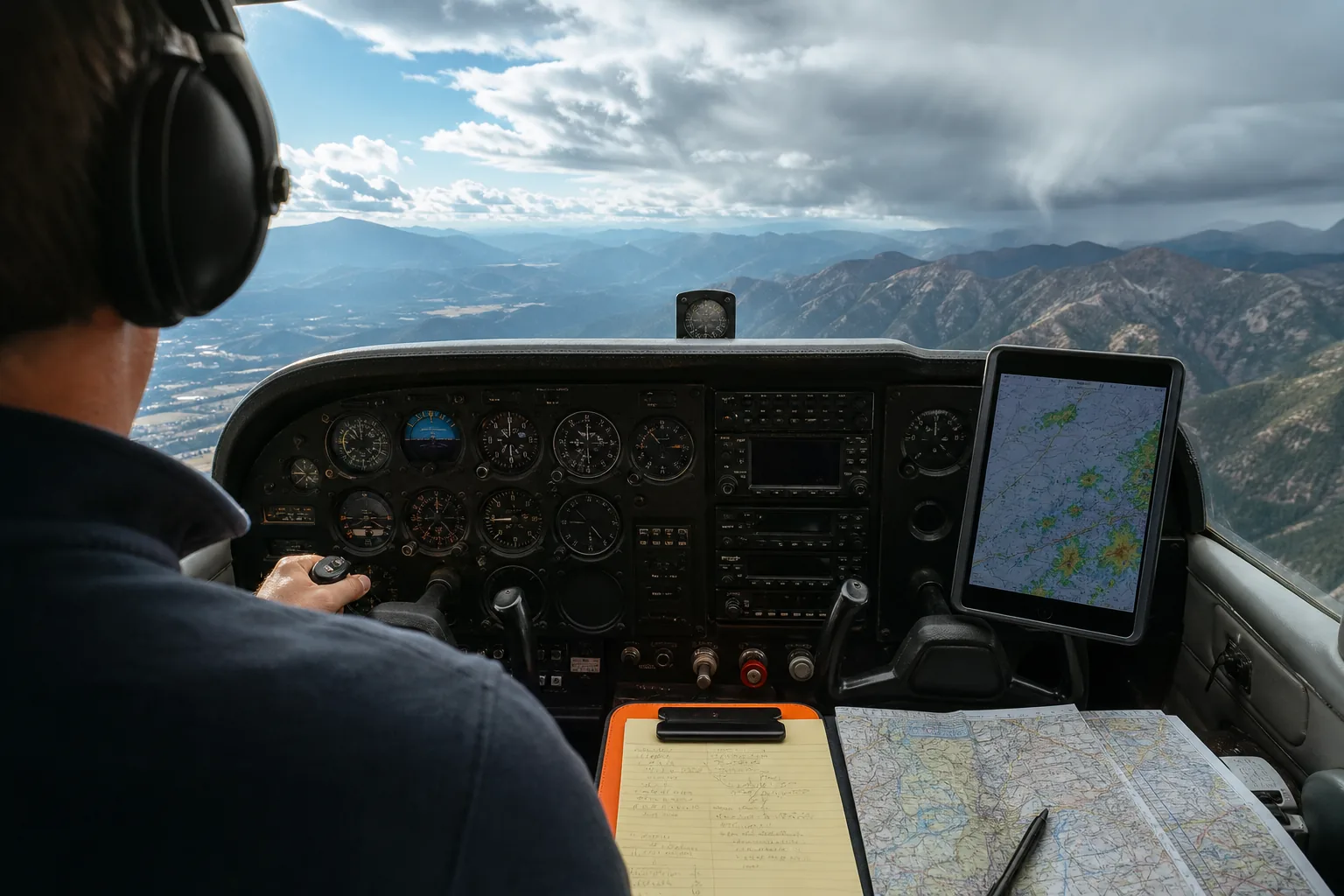 Pilot making a go or no-go decision using aviation weather reports and route planning data.