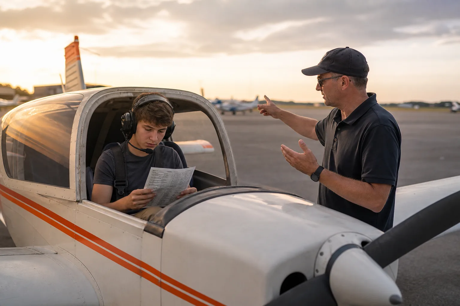 Student pilot preparing for first solo flight with checklist and instructor briefing