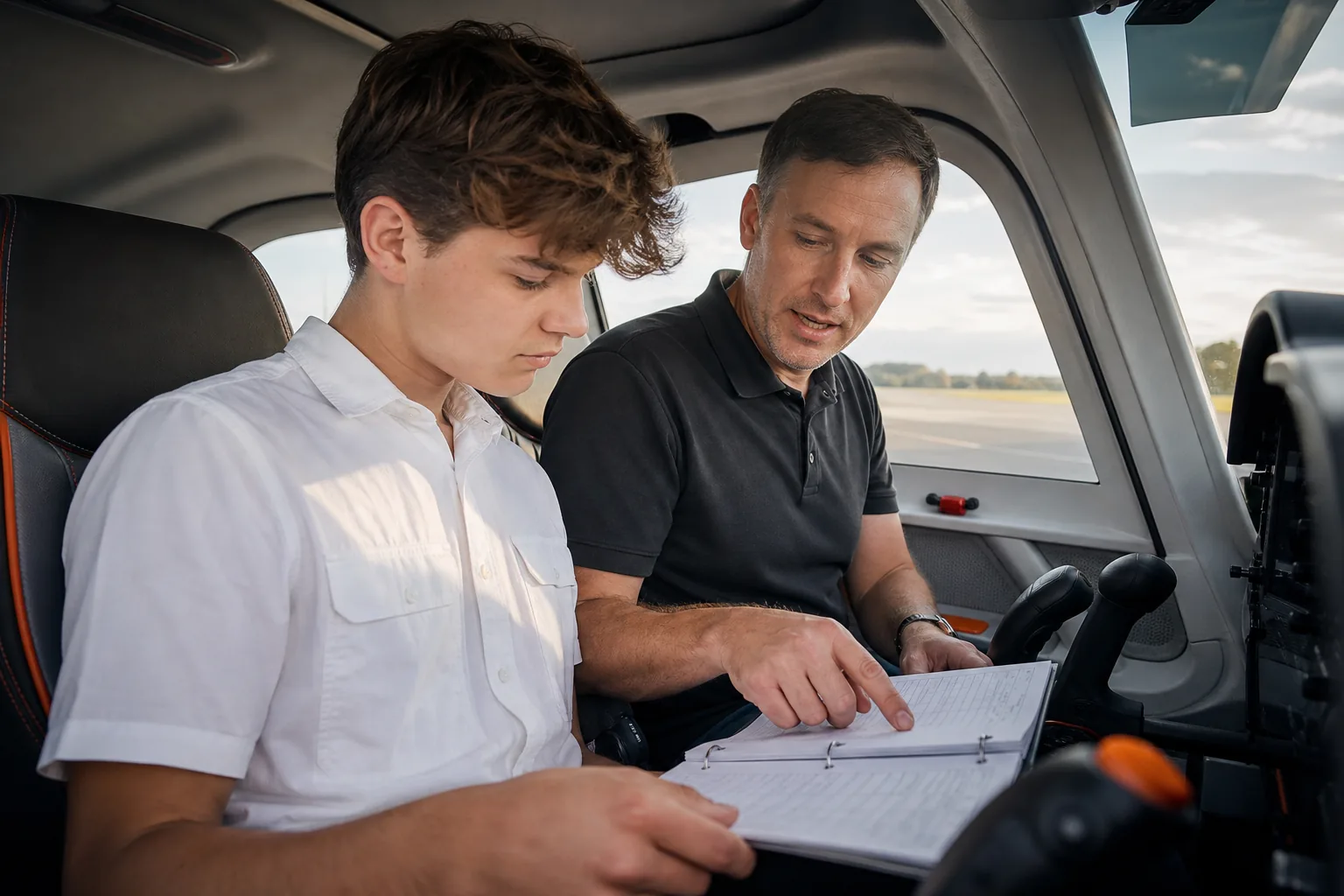 Aspiring pilot reviewing flight hours and ATP requirements with a flight instructor.