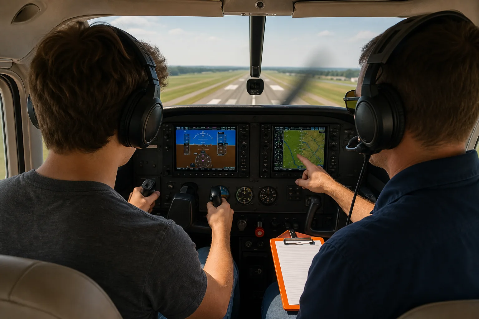Student and instructor completing Cessna 172 flight training in a modern cockpit.