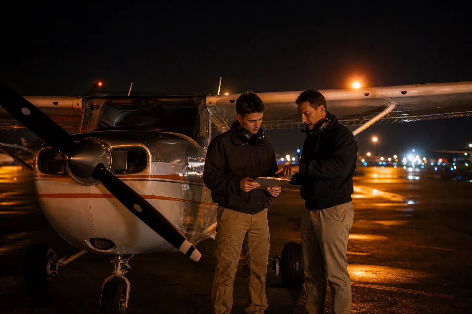 Night flight training with a student pilot and flight instructor at a lighted airport
