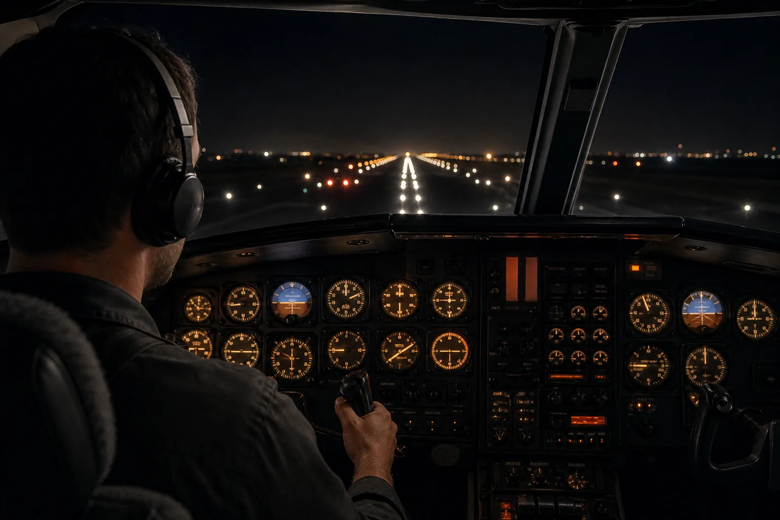 Pilot practicing night instrument skills in a cockpit