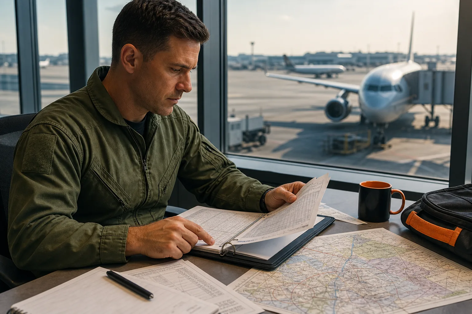 Former military pilot reviewing flight records for an airline career transition.