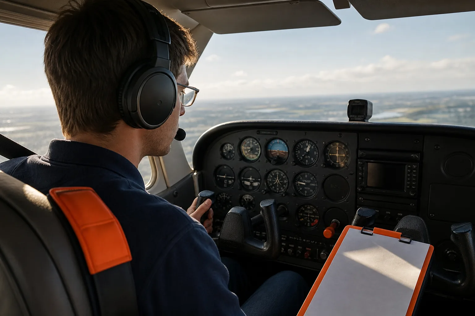 Student pilot wearing glasses during a medical vision discussion in a cockpit.