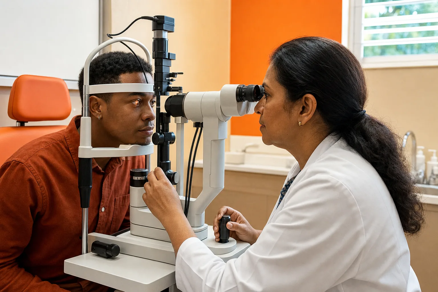 Dilated eye exam checking the retina and optic nerve